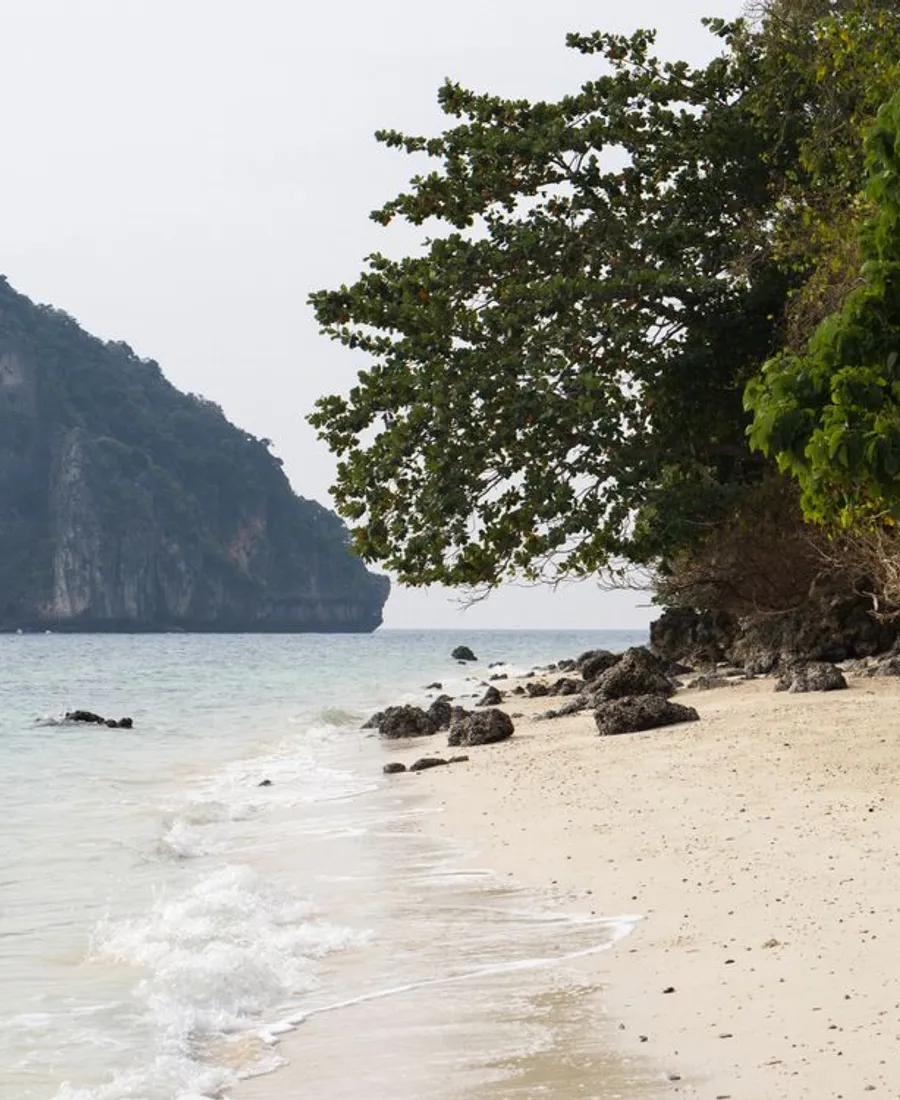 หาดทรายขาวเงียบ ๆ กับเขาหินปูนด้านหลัง
